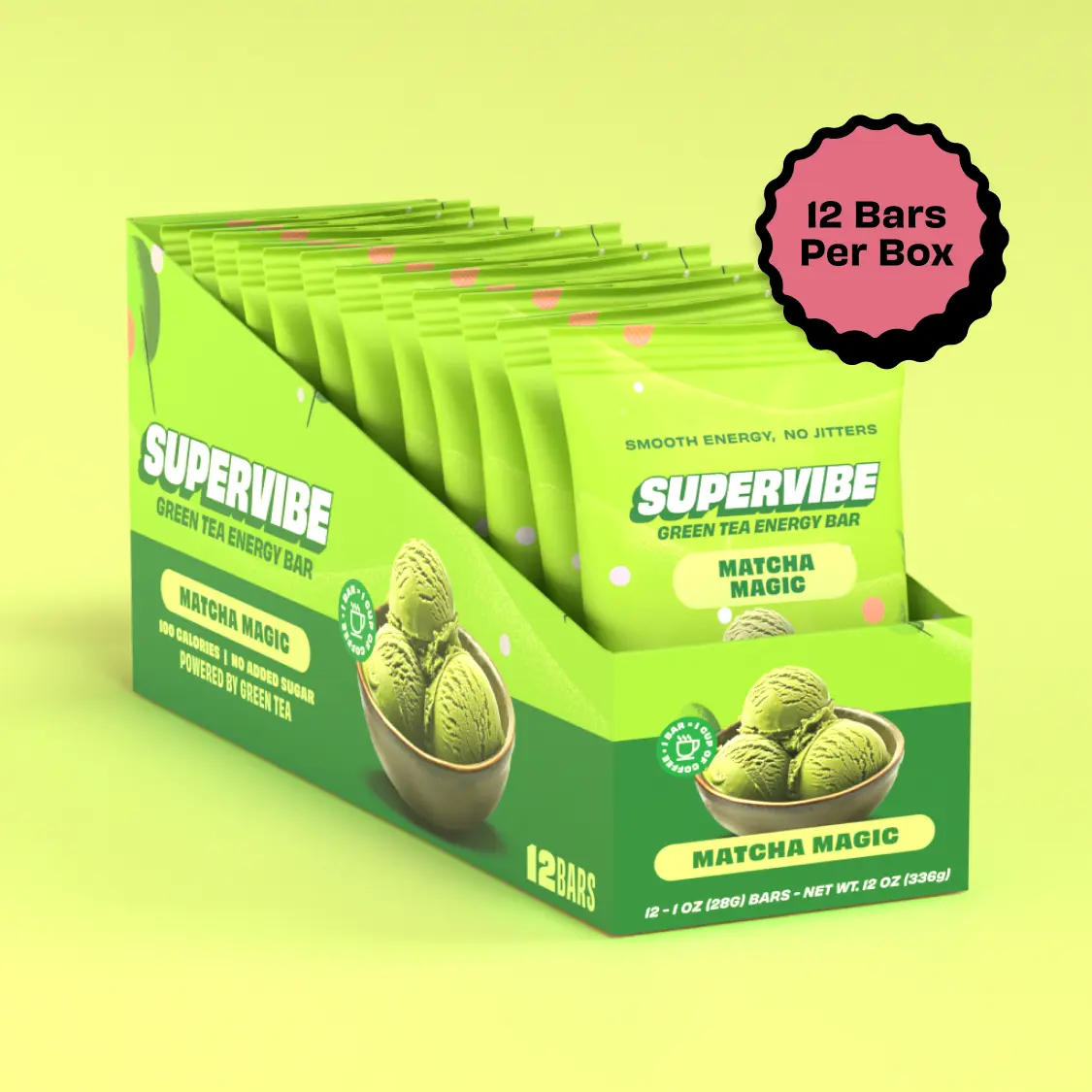 Supervibe Caffeine Energy Bars for Energy & Calm Focus - No Added Sugar with Green Tea Caffeine, L Theanine and Superfoods - Matcha Magic Flavor (12 Bars)