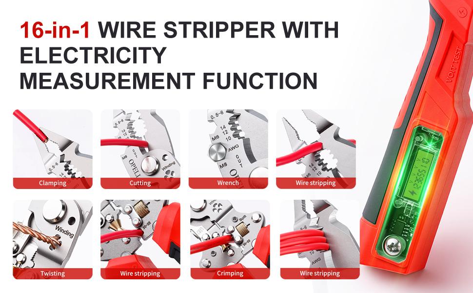 OPELI 16-in-1 Wire Stripping Pliers, 2026 New Rechargeable Wire Strippers Tool with Voltage Tester&Alarms, Detectable 12-250V, Heavy-Duty Electrical Pliers&Wire Cutters–for Professional and Home Use