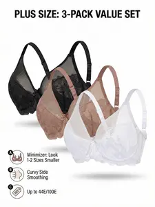 3-Pack Plus Size Underwire Minimizer Bra, Sheer Unlined Lace Full Coverage Bra For Women, Instant Slimming Silhouette for C D E Cup, Double-Layer Mesh Shield Anti-Itch, Side-Smoothing Wings for Underarm Bulge, All-Day Breathable Support Without Bulk