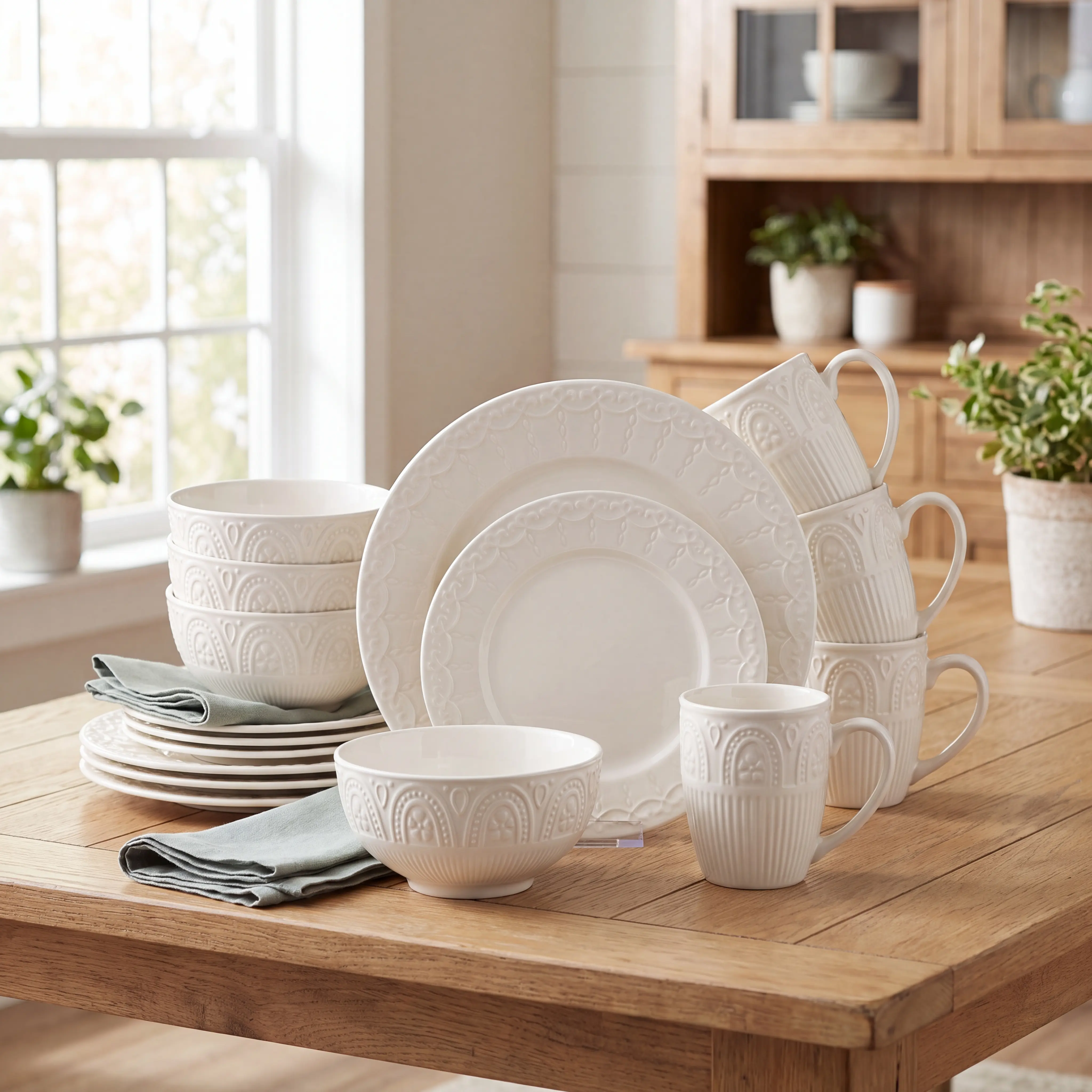 16-Piece Ceramic Dinnerware Service Set - 4-Person Dining Set, Decorated White Porcelain with Embossed Design, Includes Mugs & Complete Tableware, Dishwasher Safe, Microwaveable, Ideal for Daily Meals
