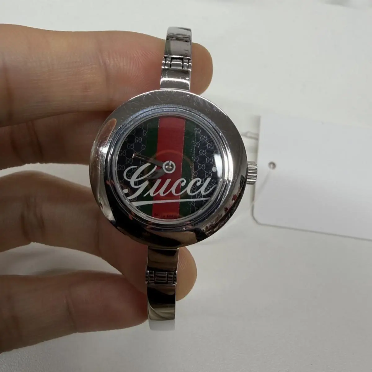 Pre-owned GUCCI As Shown Shoulder Bags Logo Stripe Dial Bangle Watch Silver Tone 17cm 14701
