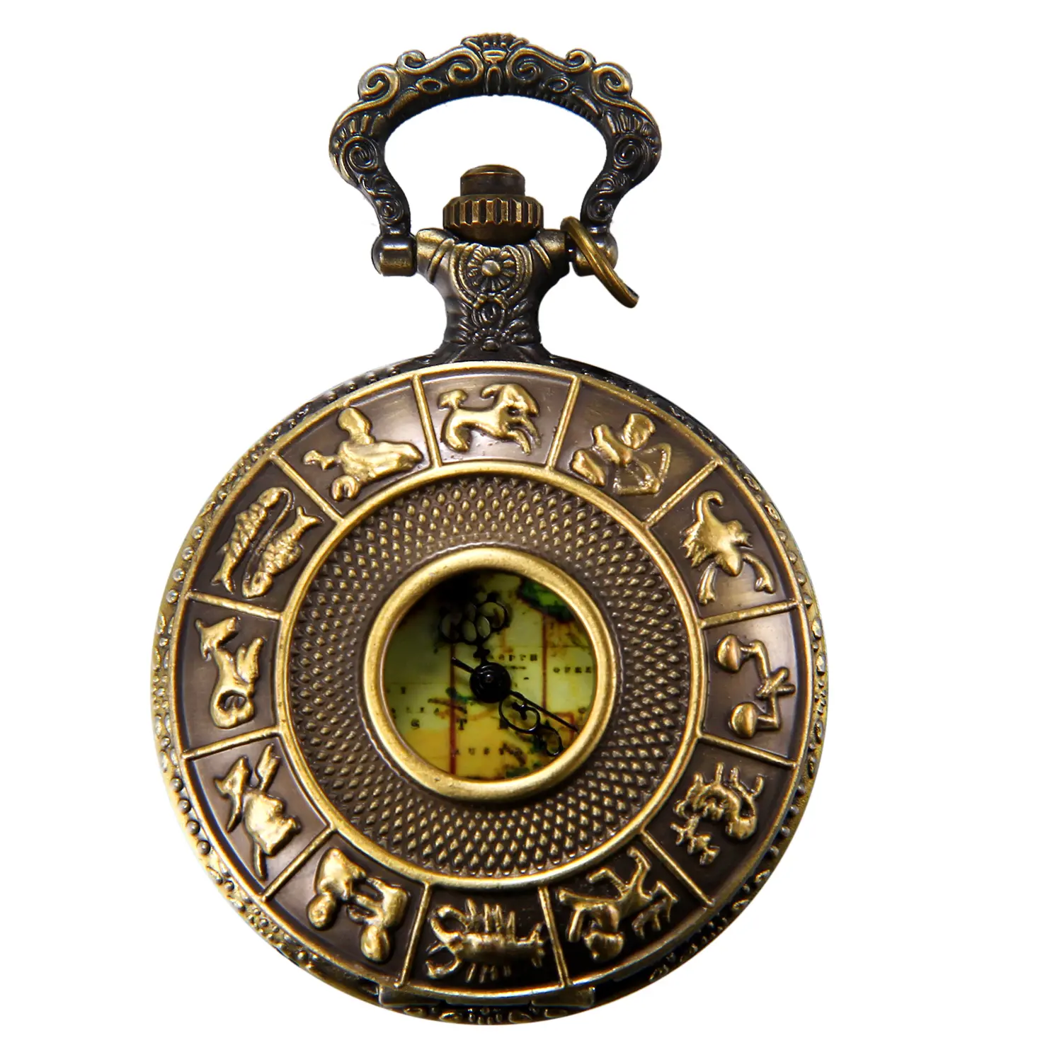 OIDEA Unisex Vintage Zodiac Pocket Watch with 12 Zodiac Constellation Lid, Copper-Tone Alloy Body, World Map Dial, Quartz Movement, 32-Inch Necklace Chain, Fashion Accessory Travel Gift, Travel Gifts, Collectibles, Unisex Wear, Flip Cover, Long Chain