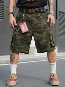 Men's Camouflage Multi-Pocket Vintage Workwear Shorts, Street Style Casual Five-Quarter Pants, Trendy and Versatile Denim Jeans