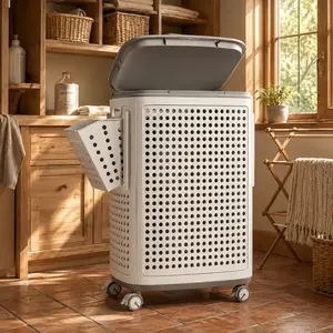Joybos Foldable Plastic Laundry Hamper with Wheels, Rolling Storage Basket with Lid & Handles, Heavy Duty Multi-Purpose Utility Bin for Outdoor, Kitchen, Cloakroom, Utility Room