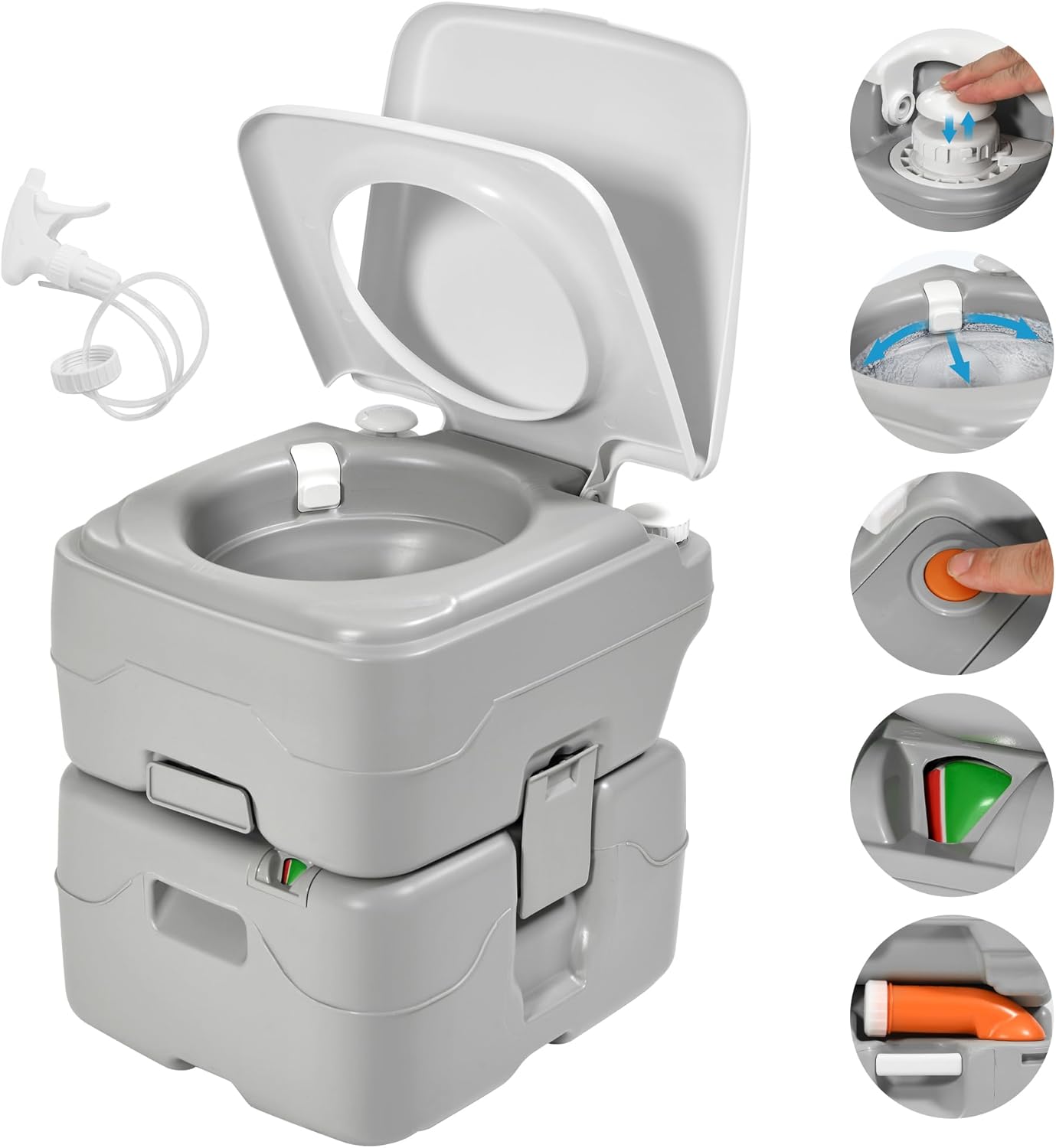 YITAMOTOR Portable Toilet Camping Porta Potty 5.8 Gallon with Hand Sprayer and Carry Bag Leak-Proof Indoor Outdoor Toilet with Level Indicator Handle Pump Rotating Spout for RV Boat and Trips