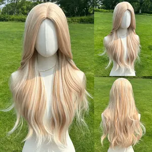 SMlLCO 26" Wavy Gold Platinum Highlights  Synthetic Wig Middle Part Glueless Natural-Looking Scalp Full Machine Cap Adjustable Straps Breathable Cap Vibrant Color Soft TextureSM447