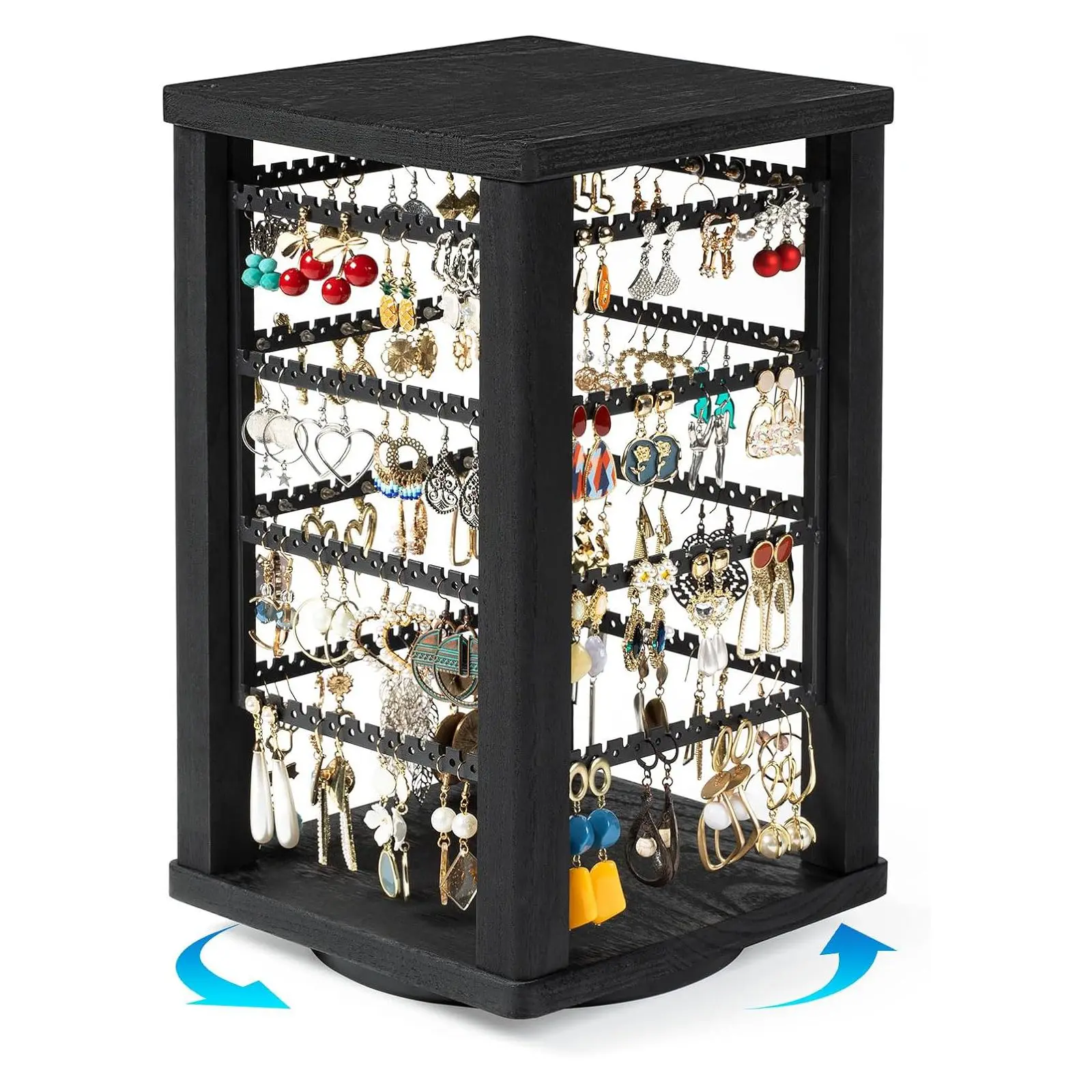 360 Rotating Earring Holder Organizer for Women, Rustic Wooden Jewelry Stand, 4 Tier Tabletop Earring Display Rack with 192 Holes and 208 Necklace Grooves for Stud, Hoop, Dangle Earrings, Brown Wood Finish