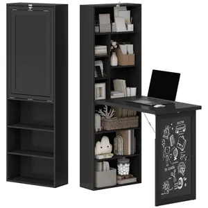 Black wall-mounted foldable multifunctional desk with chalkboard and side shelves features slim folded depth ideal for home office use in small apartments