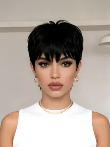 pixie cut black color for women stylish gift wig short straight human hair wig machine made pixie wig daily party use human hair wig