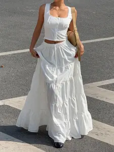 2pcs/Set Women Solid Front Button Vest Top And A-Line Max Skirt
