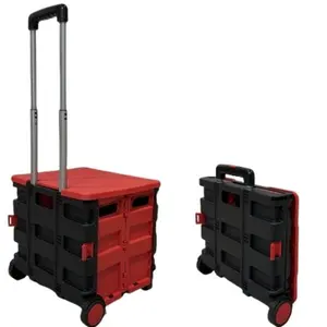 dbest products Quik Cart Collapsible Rolling Crate on Wheels for Teachers Tote Basket, 80 lbs Capacity,  Lid Made from Heavy Duty Plastic and used as a Seat