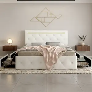 Bed Frame with Built-in LED Lights & 4 Storage Drawers, PU Upholstered Bed with Adjustable Headboard & USB/AC Charging Station, Diamond Crystal Button Tufted Design
