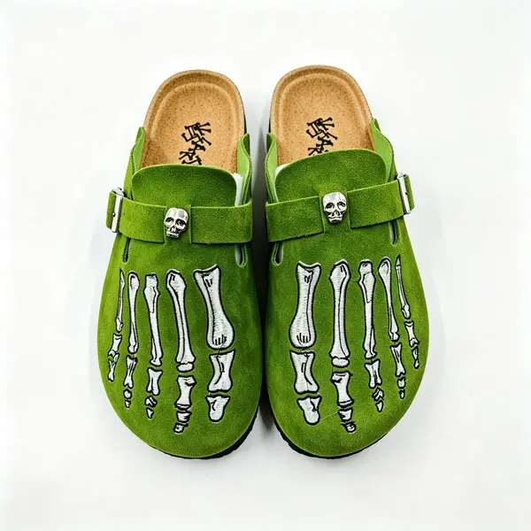 Men's & Women's Green Skeleton Embroidery Suede Clog Mules - Adjustable Metal Buckle, Cork Footbed, Closed-Toe Backless Slides, Retro Gothic Streetwear, Y2K Punk, Non-Slip Rubber Sole, Casual Daily Outdoor Walking Shoes