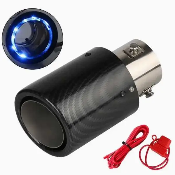 Blue LED Luminous Straight Outlet Exhaust Muffler Tip, Gloss Carbon Fiber Stainless Steel Exhaust Tip, Universal Fit, Vehicle Tailpipe Decor for Street Car Modification