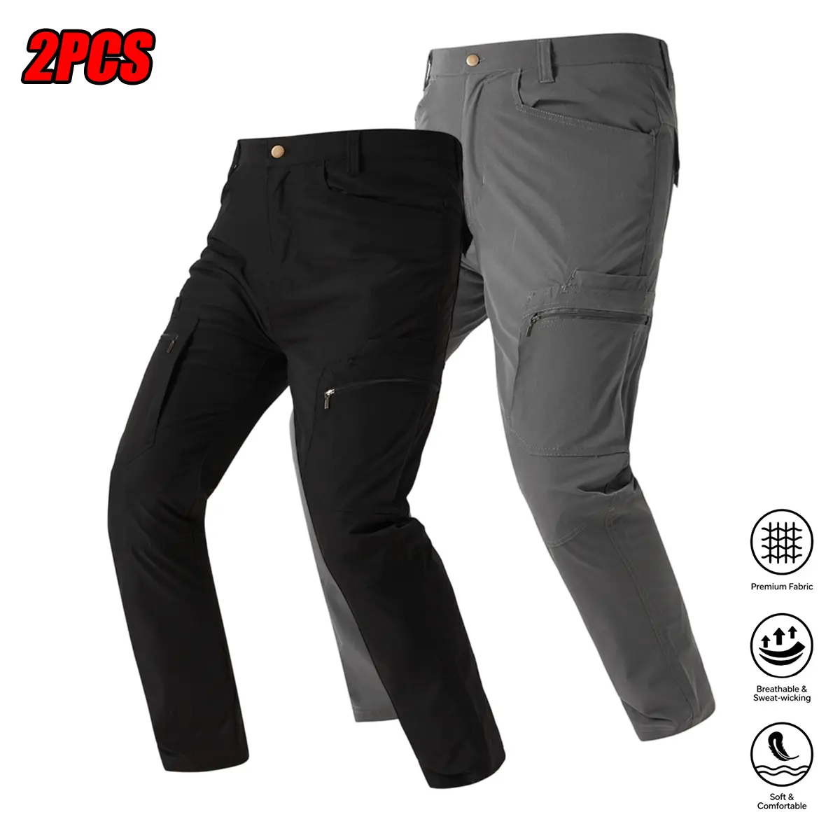 Men'S Tactical Cargo Pants 2Pcs | Heavy-Duty Work Trousers with Multiple Utility Pockets, Adjustable Waistband - Ideal for Hiking, Construction, And Casual Wear | Durable, Slight Stretch Fabric, Solid Color, No Belt