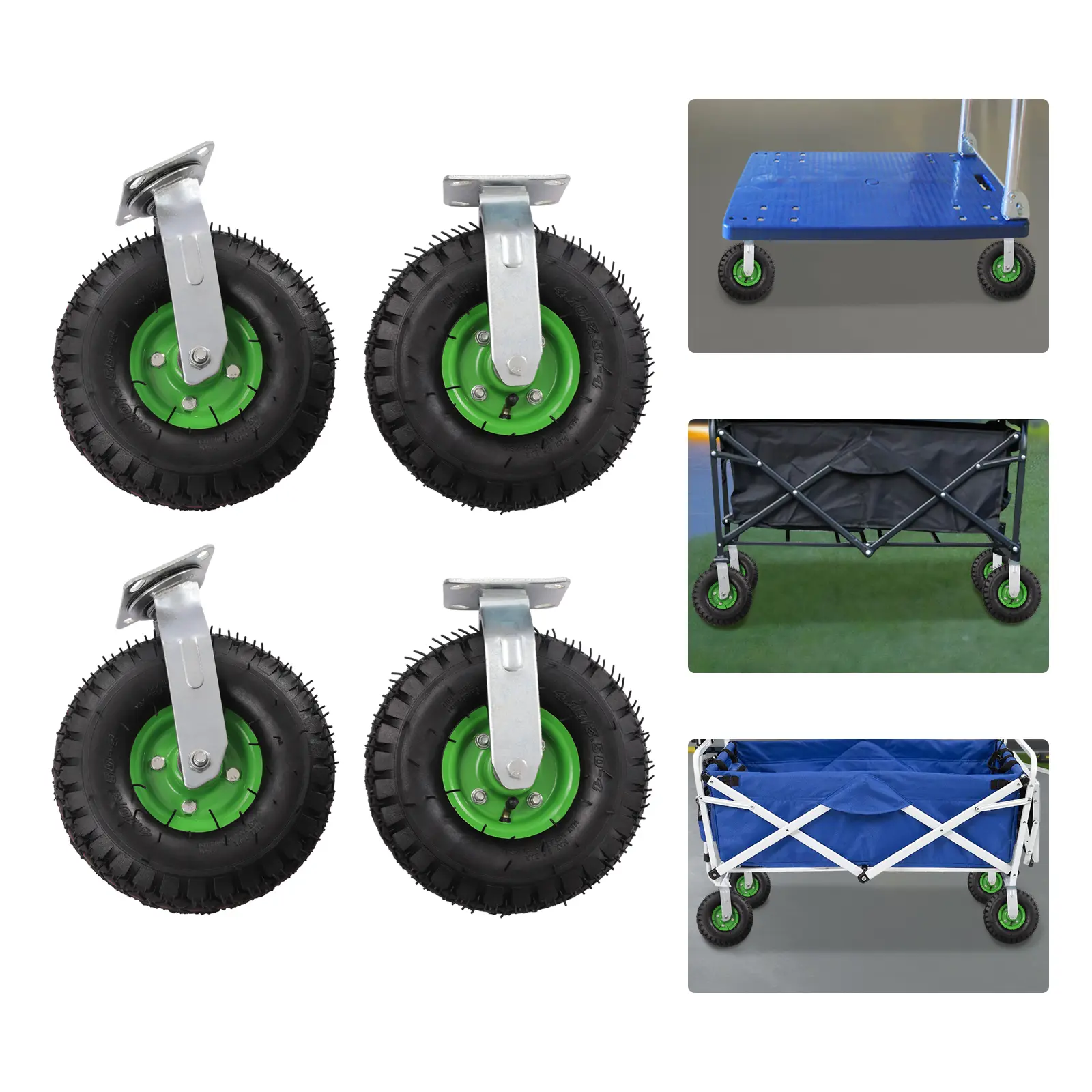 Heavy Duty 4-Piece 10 In Anti-Slip Pneumatic Caster Wheels Set - 2 Swivel, 2 Directional Wheels, 661.39lbs Load Capacity, Inflatable Rubber Tires, Dual Ball Bearings, Galvanized Plate Mount, Easy to Install for Tool Boxes, Industrial Carts, Concrete