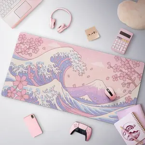 Kawaii Cherry Blossom Great Wave Mousepad, Cute Pastel Pink & Blue Sakura Desk Mat, Large Anime Mat For Gaming And Office