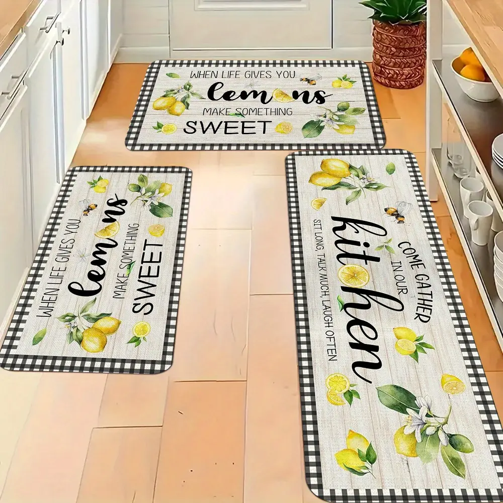 2/3pcs Kitchen Set Mat, Bee and Lemon Pattern Mat, Flannel Material - Soft Comfortable, Suitable for Bedroom Living Room Dining Room Bathroom Entrance Mat