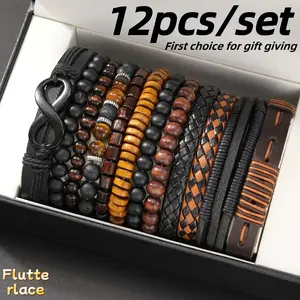 12PCS Vintage Men Beaded Bracelet Set, Boho Ethnic Leather & Tiger Eye Moonstone Stackable Bracelets, Braided Cord Fashion Jewelry for Casual Wear, Party, Street Style & Daily Accessories for Men