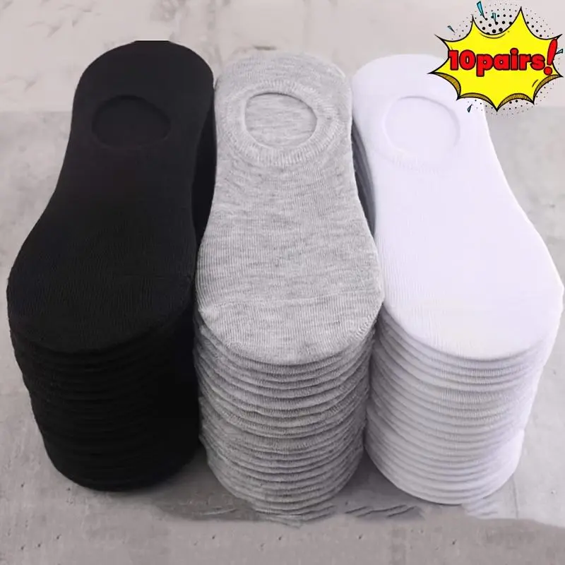 Unisex Seamless Black Sports Socks - 10 Pairs, Plain, Breathable, Invisible for Summer Outdoor Activities, 10 Pairs Of Black