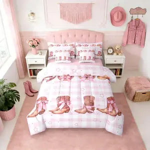 Cowgirl Boots & Bows 7-Piece Bedding Set,Pink Western Cowgirl Bed in A Bag,Trendy Bowknot Princess Comforter Set with Sheets,Girly Preppy Aesthetic Cute Buffalo Plaid Bed Sets