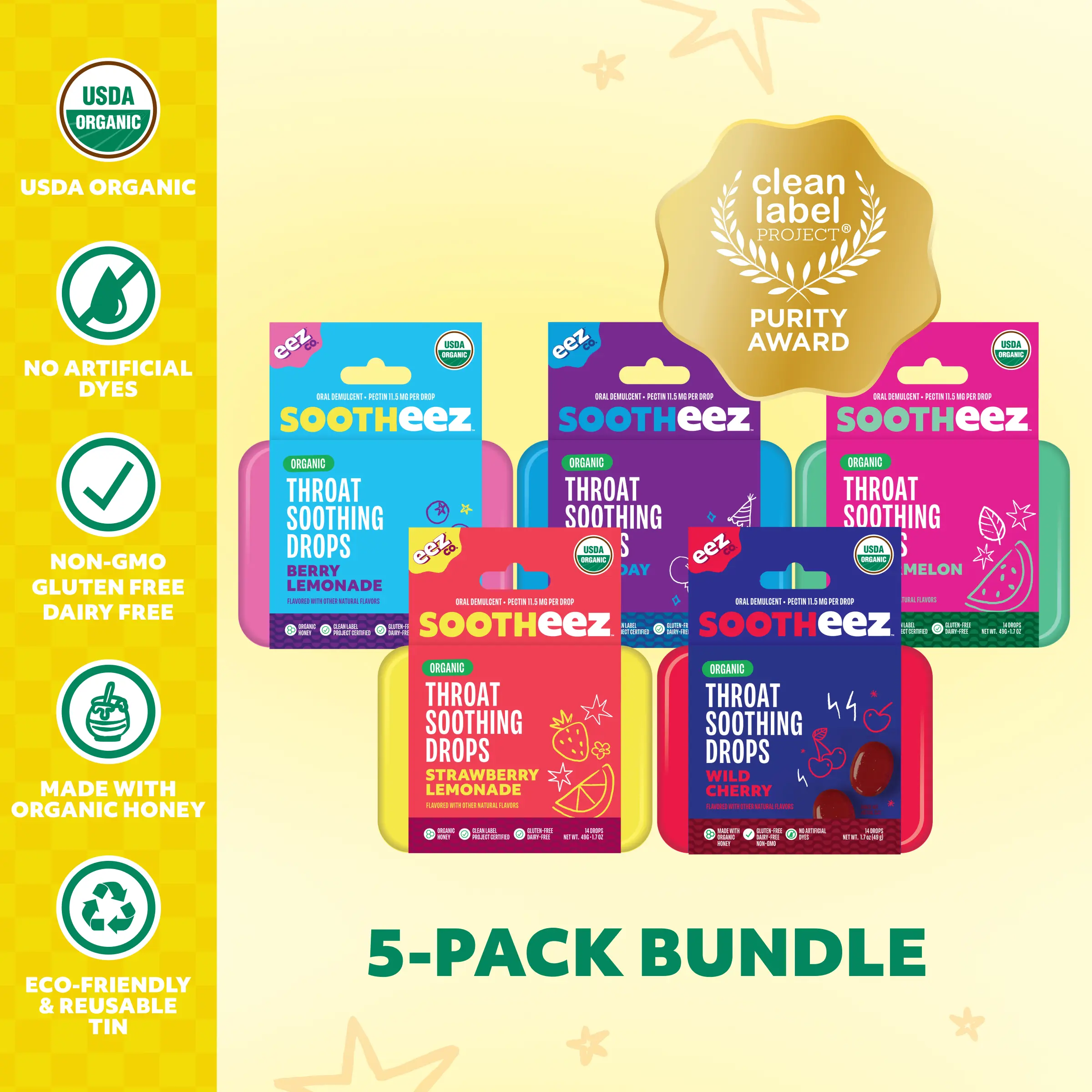 Sootheez Adult Throat Soothing Drops/Lozenge Bundle (5-pack) - Sootheez USDA Certified Organic, Non-GMO, Menthol-Free, Gluten-free, Dairy-free, and No Artificial Colors or Sweeteners in 5 Different Flavors