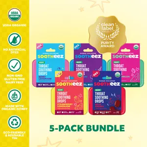 Sootheez Adult Throat Soothing Drops/Lozenge Bundle (5-pack) - Sootheez USDA Certified Organic, Non-GMO, Menthol-Free, Gluten-free, Dairy-free, and No Artificial Colors or Sweeteners in 5 Different Flavors