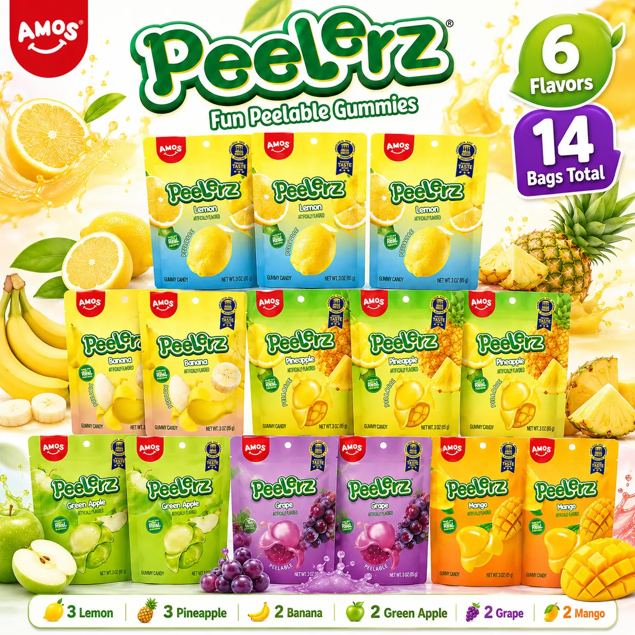 AMOS Peelerz Peelable Gummy Candy Variety Pack, 14 Count, 6 Fruit Flavors with Lemon, Pineapple, Banana, Green Apple, Grape and Mango, Soft Chewy Candy for Kids, Parties and Sharing