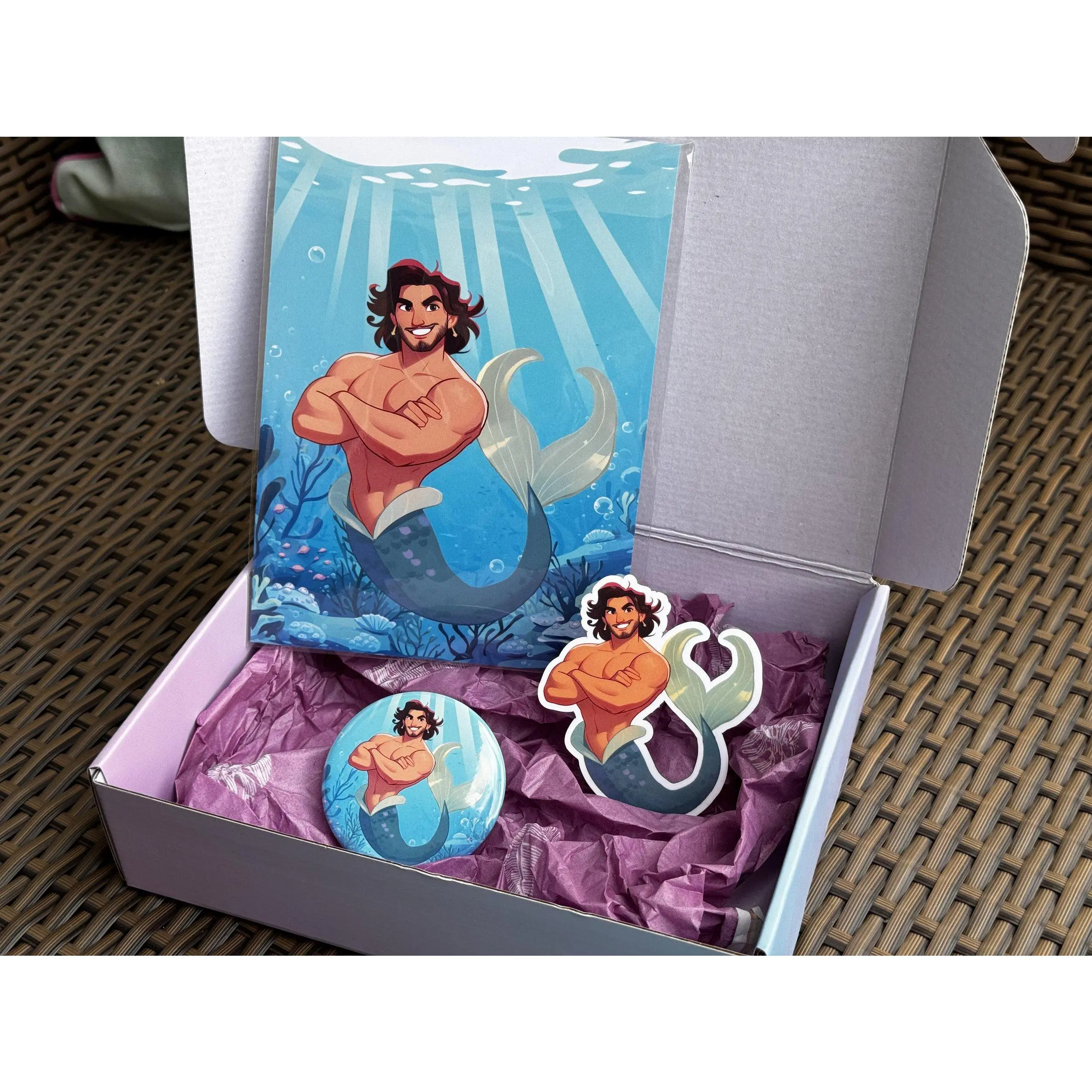 Merman Collector's Box with 5x7 Print, 2.25 inch pinback button, and 3 inch sticker
