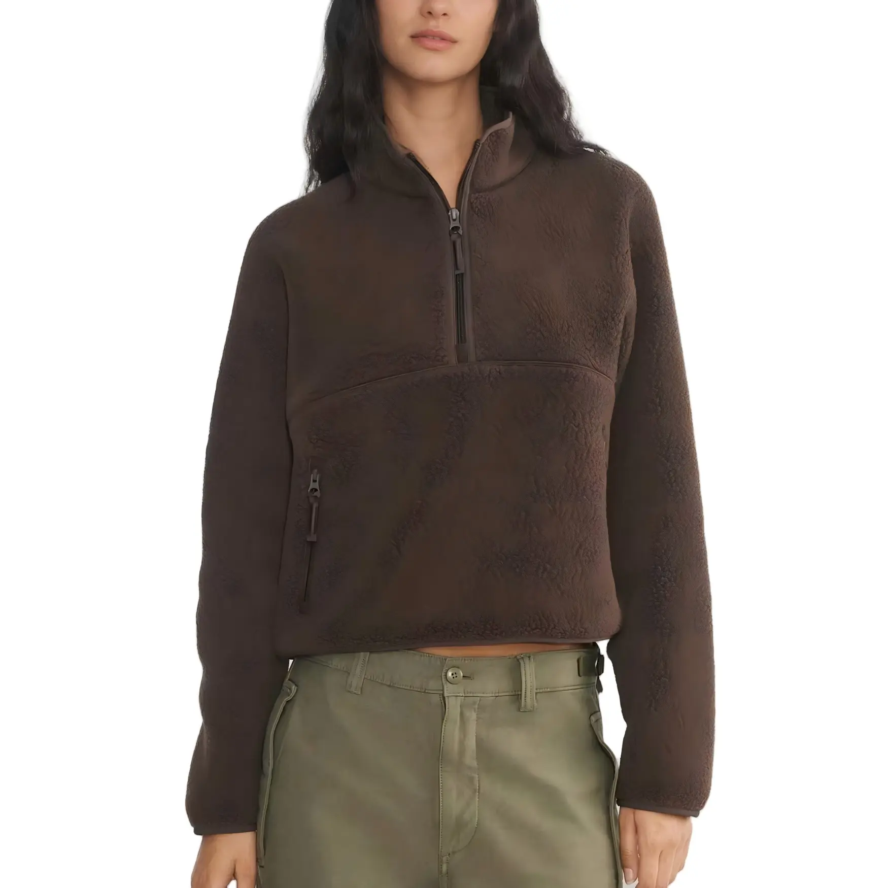 Talakeno Women's Thermal Fleece Cropped Half-Zip Sherpa Pullover Varsity Coat, Basic Breathable Tops with Zipper Pockets, Coats, Polyester, Casual, Collared, Sweatshirt, Fuzzy