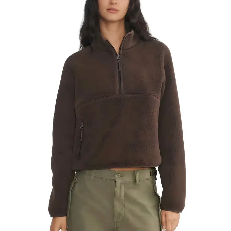 Talakeno Women's Thermal Fleece Cropped Half-Zip Sherpa Varsity Coat - Long Sleeve, Loose, Collared, Fuzzy, Drop Shoulder, Breathable Polyester Base Layer Top with Zipper Pockets, Casual, Cold Wash, for Party, Running, Yoga