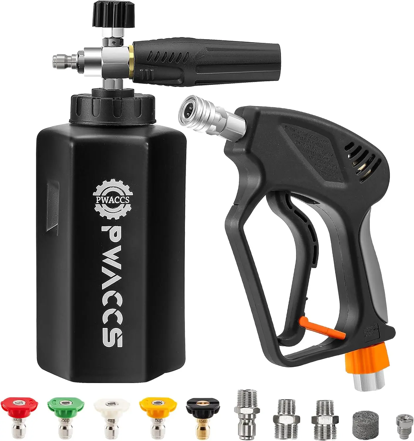PWACCS Pressure Washer Foam Cannon Spray Lance Car Wash Set - Swivel Feature, Adjustable Foam Cleaner Spray, 5000 PSI, 1.5L, 5 Nozzles, 1/4" Quick-Connect Kit for Car Washing, Father's Day Gift