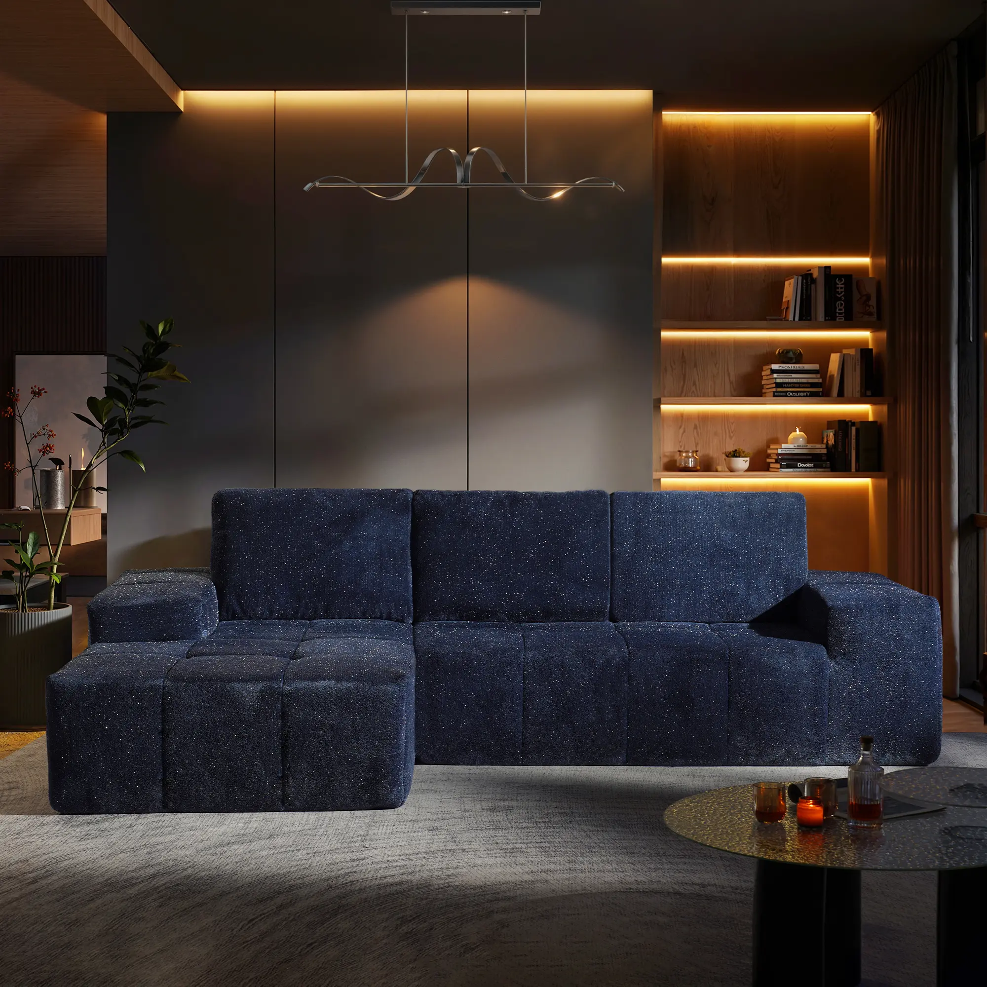 Galaxy Blue Shimmer Plush Left Chaise