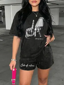 Women's Casual Two-Piece Set with Short Sleeve and Shorts, Casual Loungewear Set, Vintage Street Style for Travel and Surfing, Ideal Holiday Essential