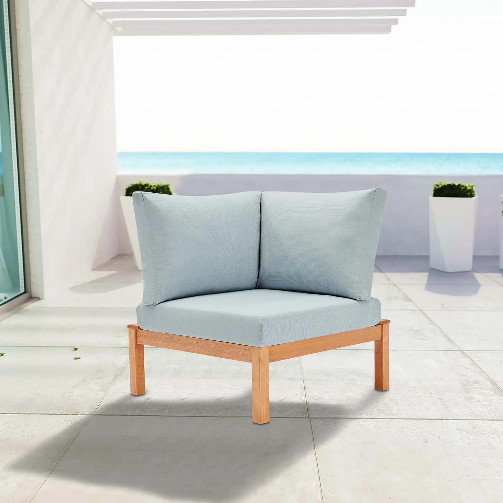 Modway Comfy Freeport Modular Outdoor Sectional - Karri Wood, Natural Finish, Natural Light Blue, All-Weather Fabric, Removable Cushions, Back Porch Outdoor Patio Corner Chair