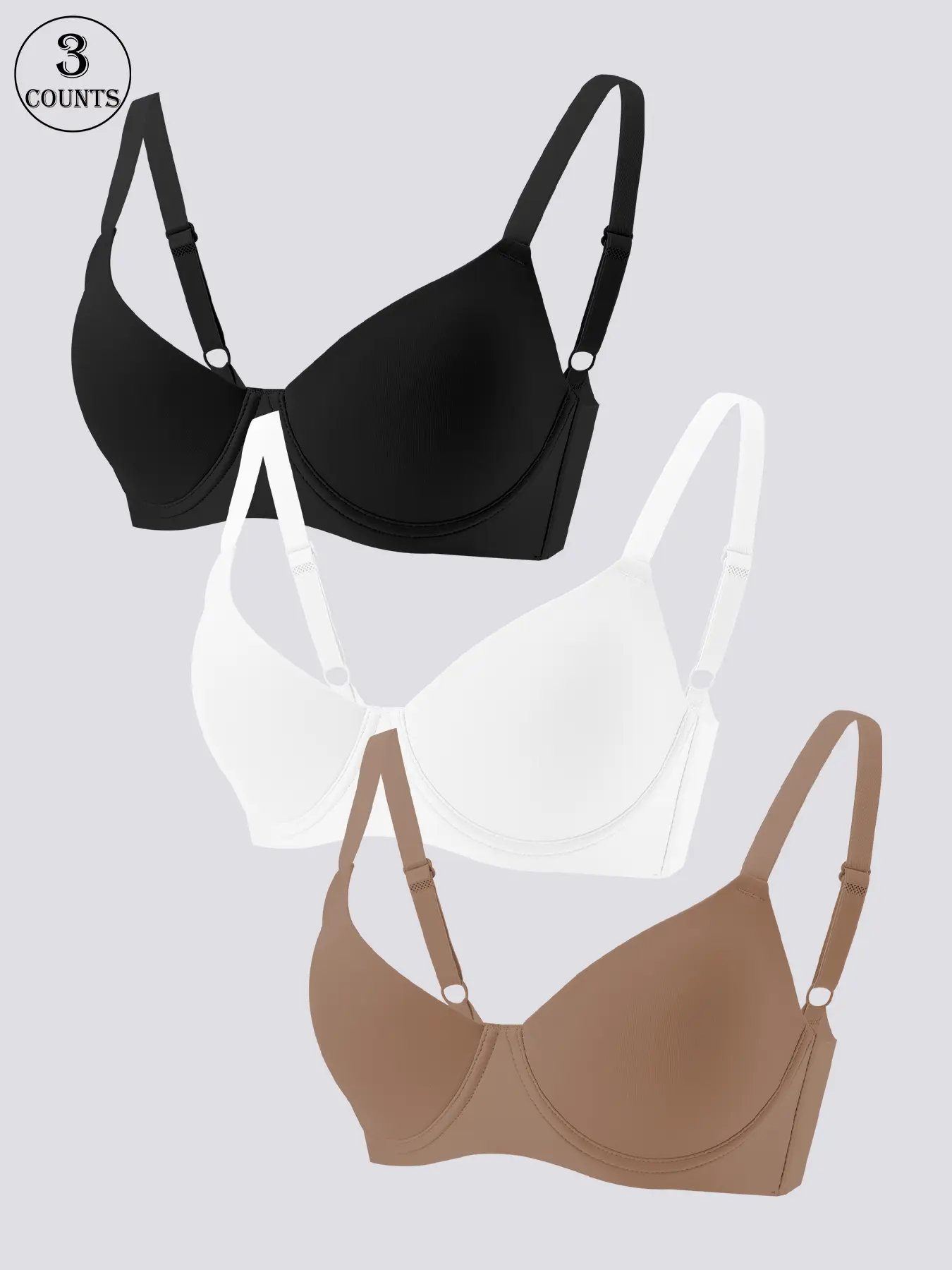 3-piece high-quality everyday casual women's bras with lift and high support, push-up style, adjustable shoulder straps and back clasps, underwire, anti-slip, comfortable and breathable, solid color seamless bras.