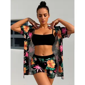 2026 Summer Floral Print Three-piece Swimsuit | Strappy Top + High-waisted Shorts + Sheer Cover-up | Modest Cover-up Slimming Swimsuit, Available in multiple colors, Perfect Choice for Pool Parties and Vacation Trips