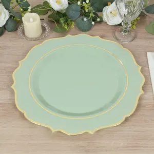 10-Pack Economy Plastic Charger Plates 13" Round Sage Green with Gold Scalloped Rim - Decorative Dinner Party Serving Plates