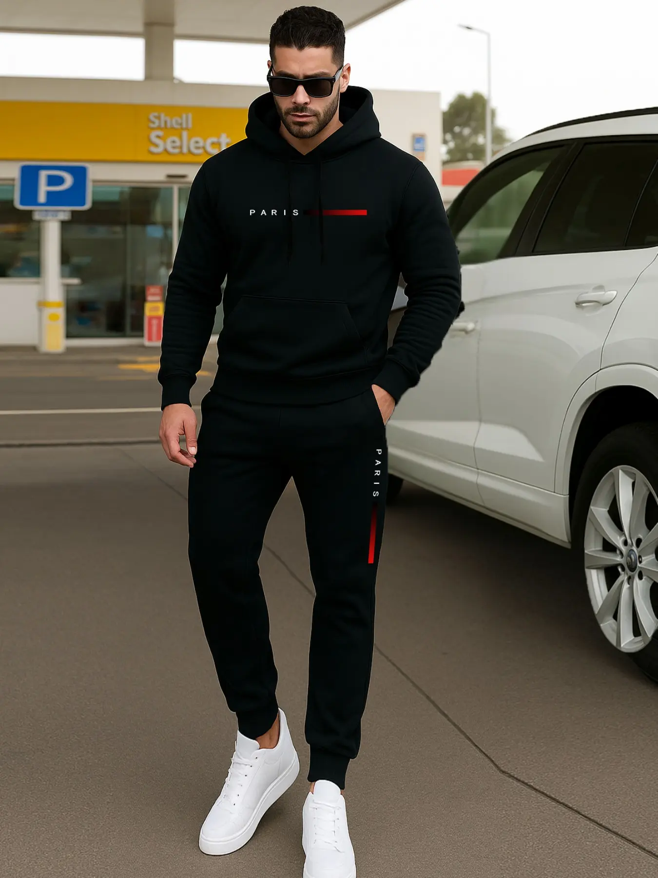 Men's Casual Long Sleeve Hooded Two-Piece Streetwear Tracksuit Set Paris Letter Graphic Sportswear Fall & Winter Fitted Regular Length