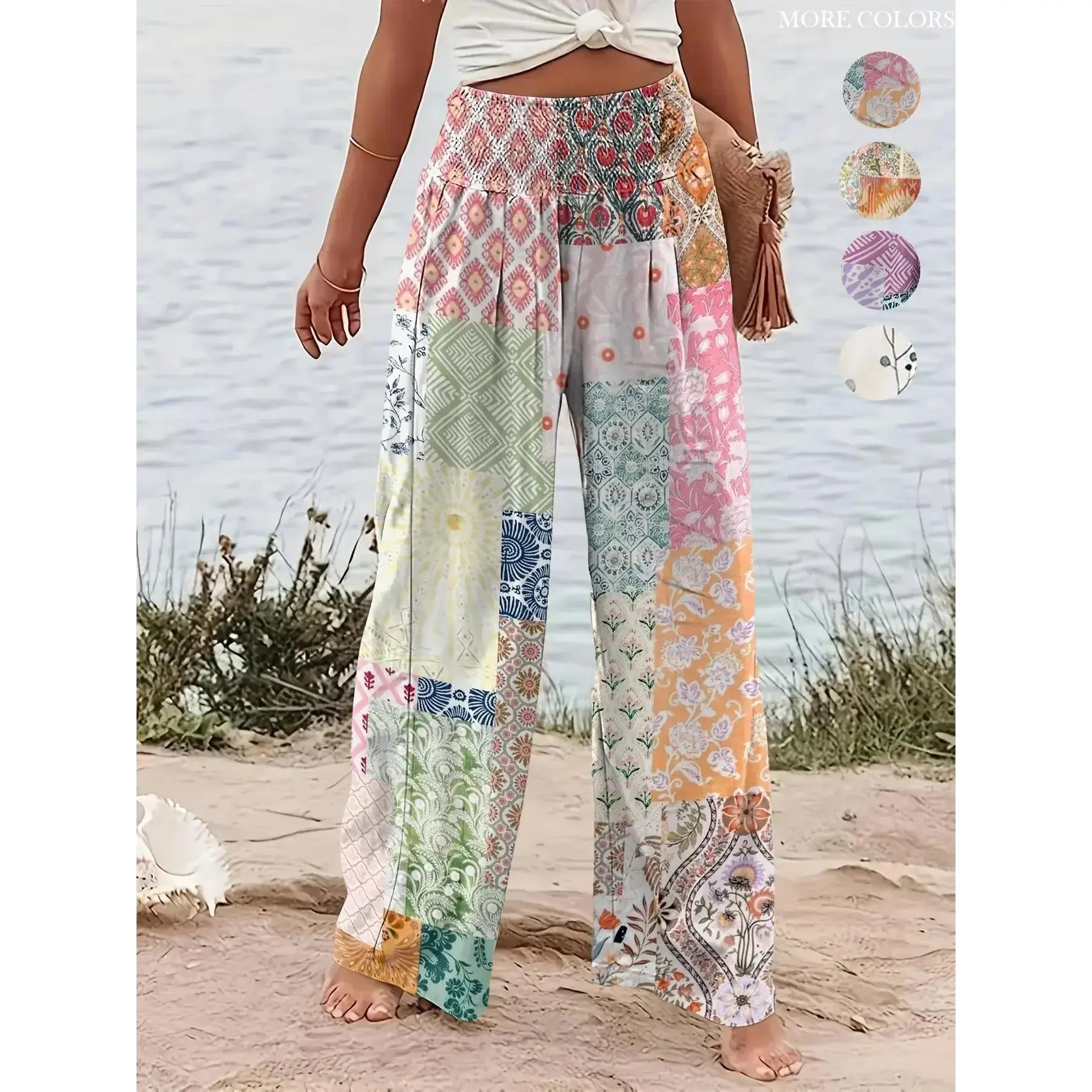 Women's Multicolored Patch-Print Elastic-Waist Baggy Loose Wide-Leg Pants, Polyester Woven Boho Casual Beach Vacation Trousers, Machine-Washable All-Season 80s Preppy Ladies Bottoms