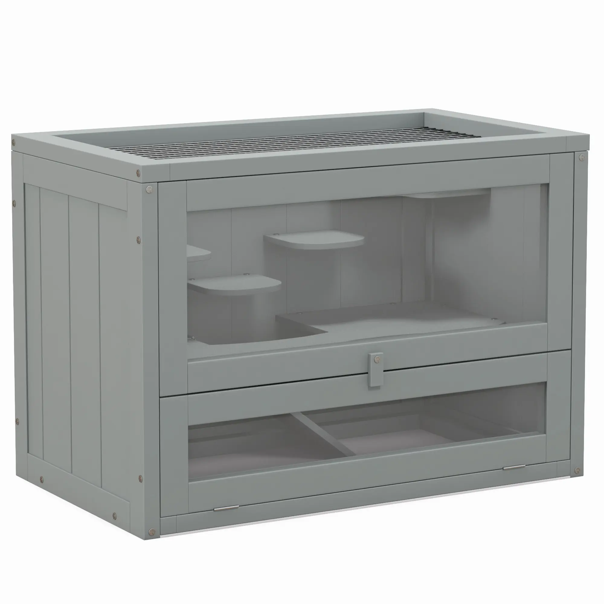 PawHut 2-Level Hamster Cage Mice and Rat House, Small Animal Habitat for Guinea Pigs, Chinchillas with Openable Top, Front Door, Shelf and Ladder, Gray