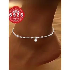 S925 Sterling Silver Women's Elegant Minimalist Beaded Anklet, Exquisite Trendy Anklet, Chic All-match Body Jewelry for Birthday Gift, Ankle Bracelets
