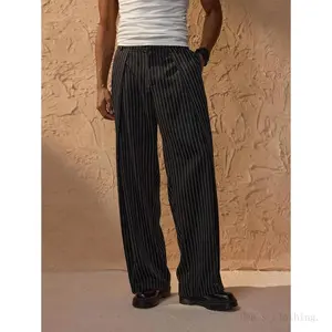 Men'SCasual / Black Pinstripe /Wide Leg/Straight Leg Fabric Menswear Striped Long