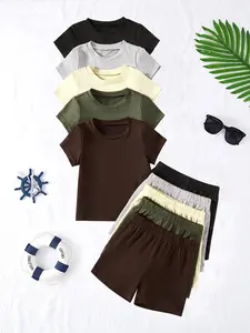 Baby Toddler Soft Comfortable Knit Fabric Solid Color Underwear Short Sleeve Top Shorts Set, 10 Piece Pack, Casual Daily Wear