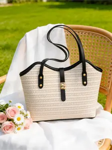 Vacation Style New Women Straw Woven Hand Tote Bag Leather Trim Edge Design Casual Spacious Tote Bag Ideal For Daily Commute Short Travel Holiday Shopping Beach Getaway Everyday Tote Casual Handbags