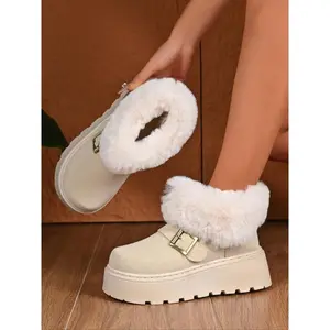 Women's Beige Faux Fur - Lined Ankle Boots, Buckle Detail, Chunky Platform Sole, Ideal for Winter Walking, Commuting & Casual Occasions, Comfortable Ladies' Casual Walking Commute Footwear