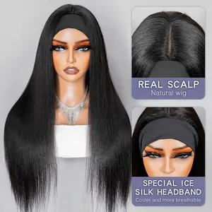 Wavymy Yaki Straight Headband Wig With Real Scalp Ice Silk Headband 100% Virgin Human Hair Pre-attached Scarf Glueless Wig Beginner Friendly