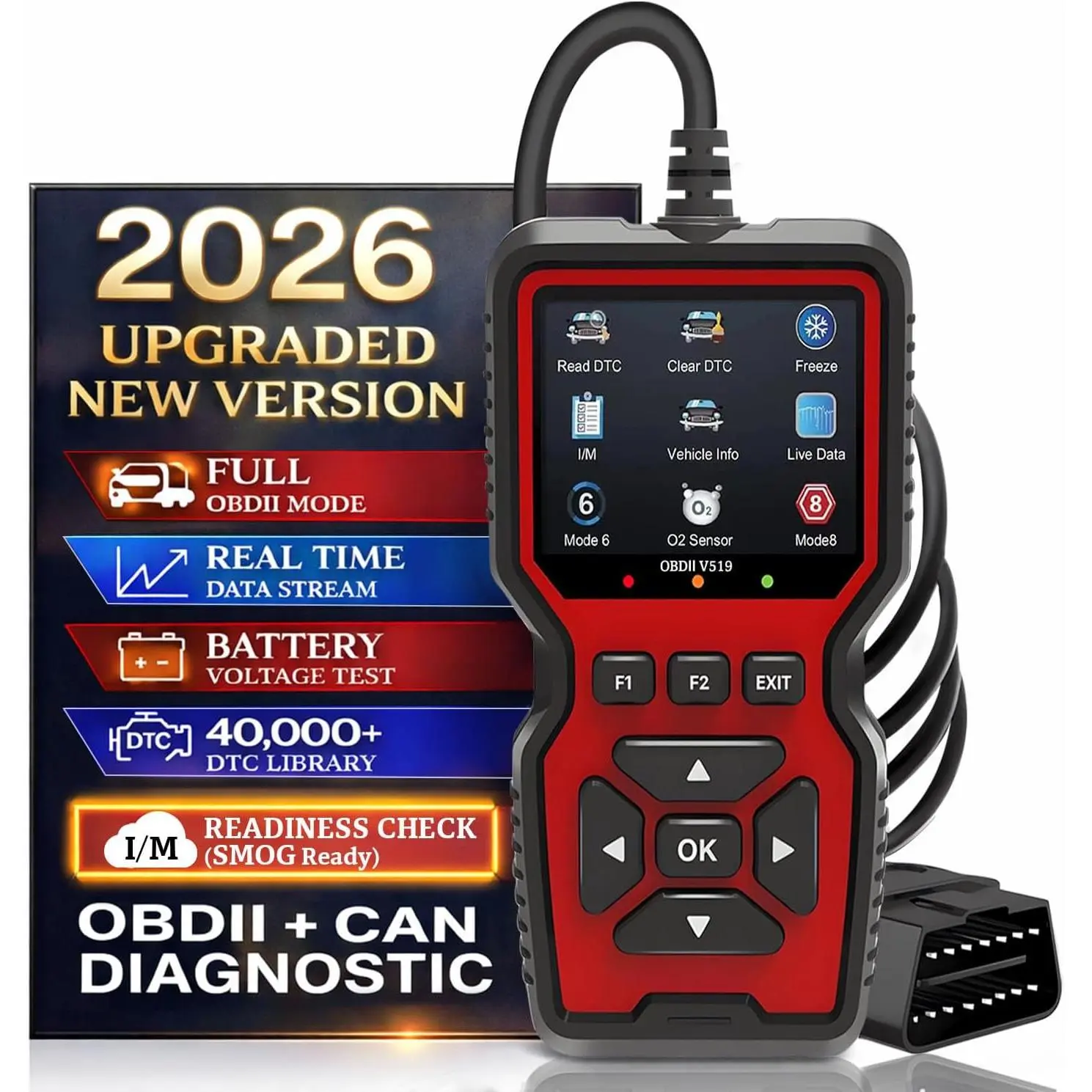 Professional OBD2 V519 Scanner - 2026 Upgraded OBDII + CAN Code Reader, Live Data,  Test, 40000+ DTC Library, I/M Readiness, Check Engine Light & Smog Test -   After 1996