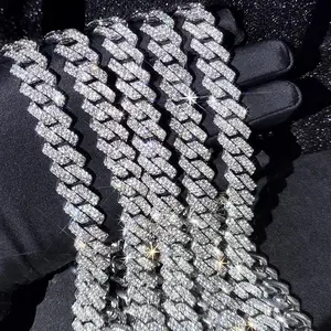 14mm Iced Out  Prong Cuban Link Chain Necklace for Men Women 2 Row Rhinestone Paved Miami Rhombus Hip Hop Jewelry