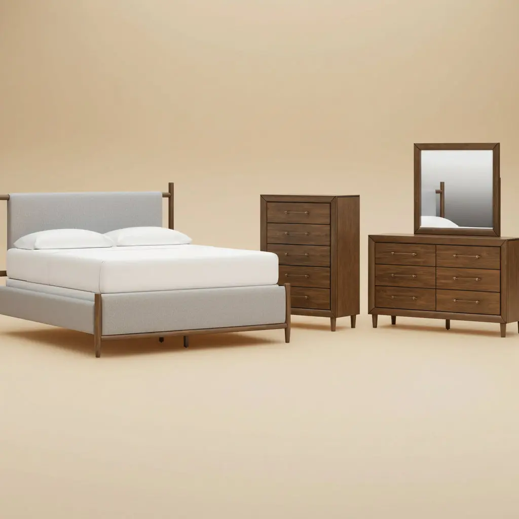 Lyncott California King Upholstered Bed, Dresser, Mirror and Chest